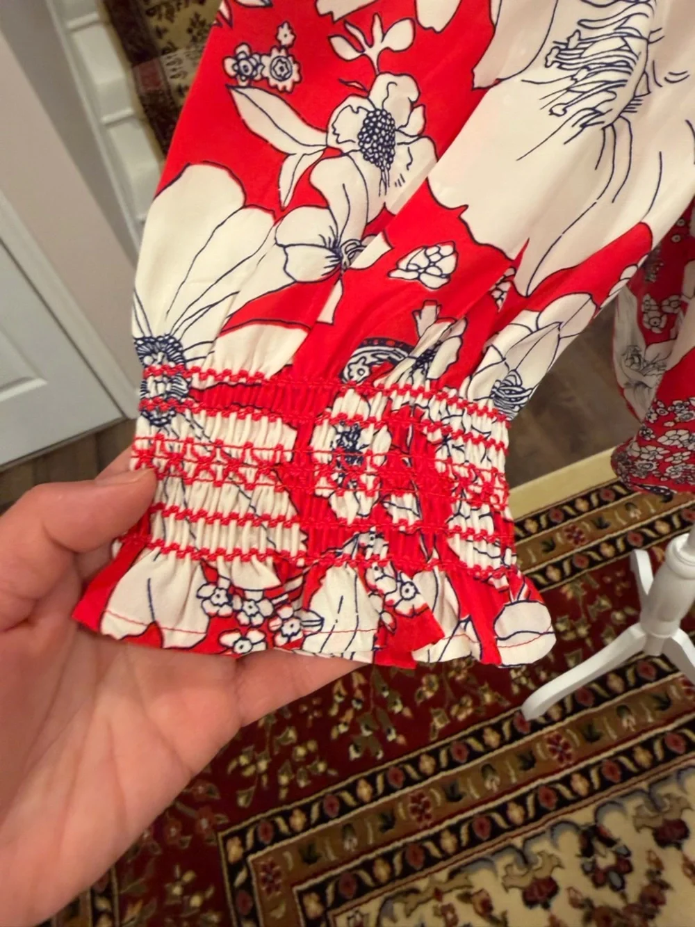 Talbots Red Floral Smocked Neck Tunic - Picture 4 of 7